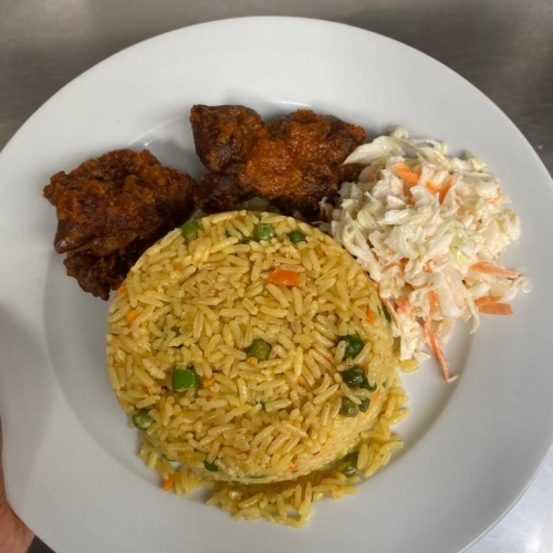 Fried Rice, salad, and Goatmeat 
